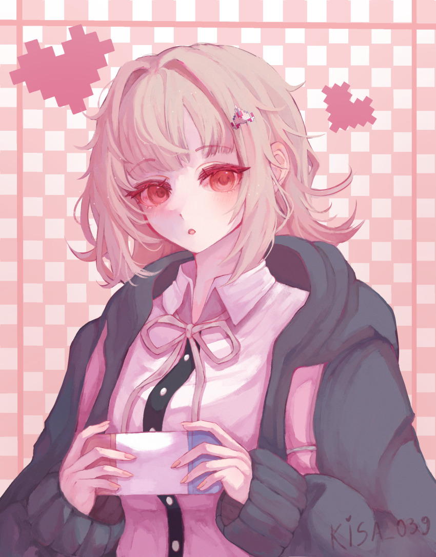 1girl :o artist_name black_jacket black_shirt brown_hair danganronpa_(series) danganronpa_2:_goodbye_despair dress_shirt galaga handheld_game_console heart highres holding holding_handheld_game_console hood hood_down jacket long_sleeves medium_hair mori_chi_ki-sa nanami_chiaki open_clothes open_jacket pink_eyes shirt solo spaceship_hair_ornament two-tone_shirt white_shirt
