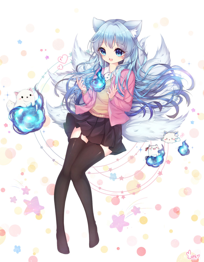 1girl absurdres animal animal_ear_fluff animal_ears black_skirt black_thighhighs blue_eyes blue_hair blush commission danby_merong fox_ears fox_girl fox_tail gradient_hair highres long_hair miniskirt multicolored_hair multiple_tails original skirt solo tail thighhighs