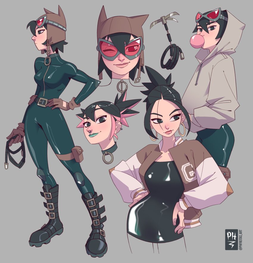 1girl absurdres artist_name batman_(series) black_bodysuit black_footwear bodysuit brown_headwear catwoman commentary dc_comics full_body highres holding holding_whip hood hoodie jacket multicolored_hair open_clothes open_jacket phfreitas_art pink_hair redesign selina_kyle simple_background solo standing streaked_hair