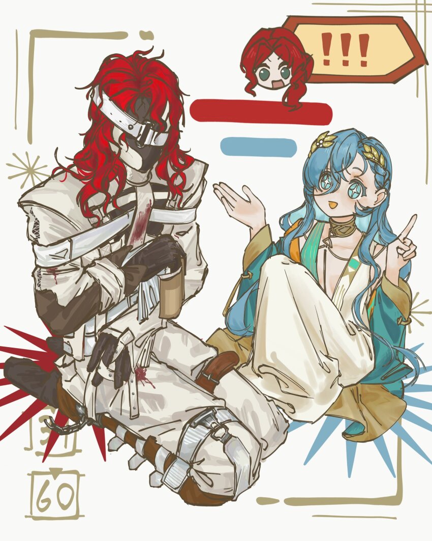 ! !! +_+ 1boy 2girls 37_(reverse:1999) :d aleph_(reverse:1999) ancient_greek_clothes black_gloves black_mask black_shoes blue_eyes blue_hair book chaojue_zhennairen covered_face full_body gloves gold_choker greco-roman_clothes green_eyes hair_between_eyes hands_up highres holding holding_book index_finger_raised inset_border knees_up laurel_crown long_hair multiple_girls on_ground open_mouth pants plunging_neckline red_hair reverse:1999 seiza shirt shoes sitting smile sophia_(reverse:1999) very_long_hair white_background white_pants white_shirt