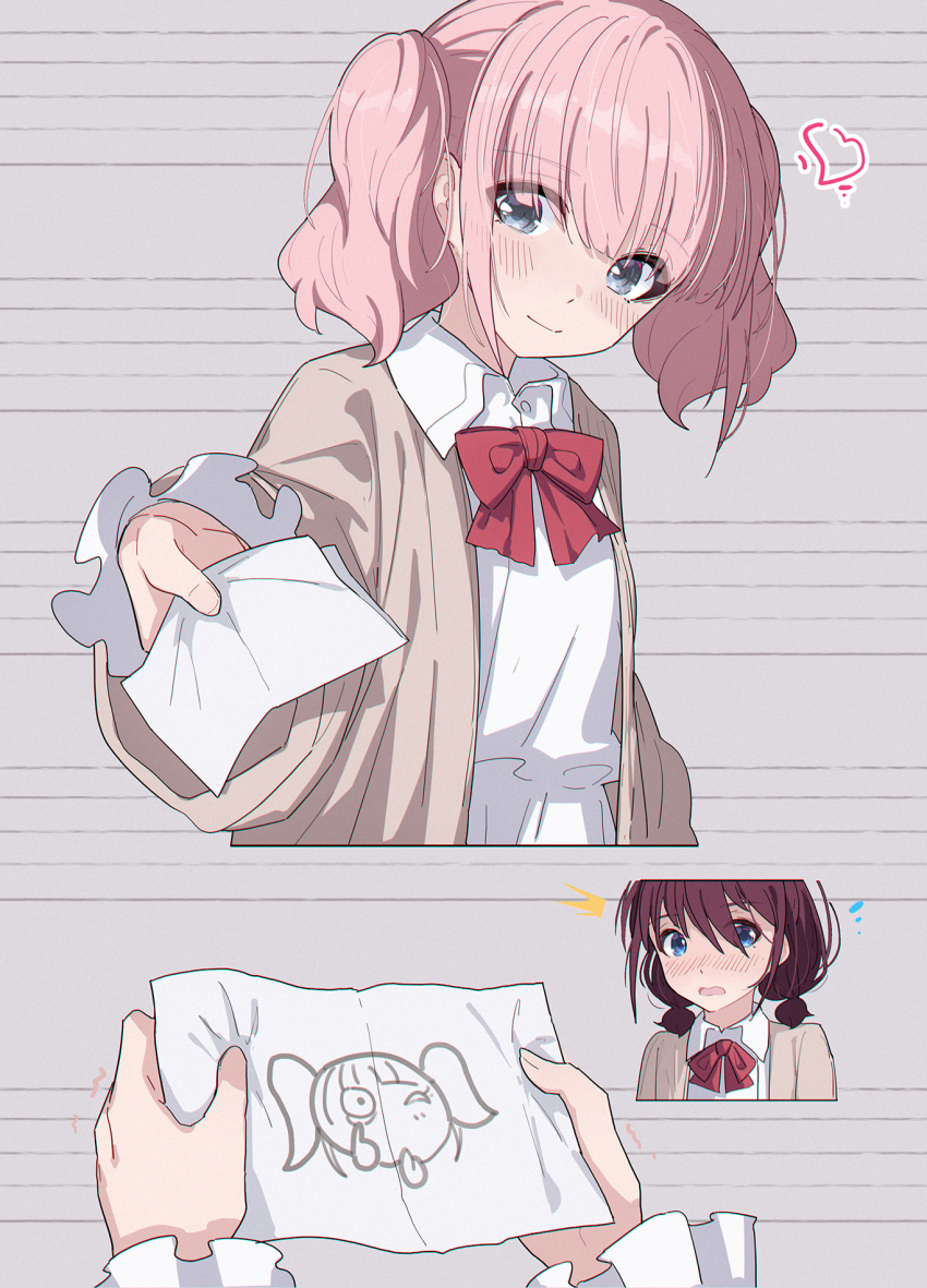 2girls blue_eyes blush bow bowtie brown_cardigan brown_hair cardigan chinese_commentary closed_mouth commentary_request girls_band_cry grey_eyes hair_between_eyes highres hina_(girls_band_cry) iseri_nina low_twintails multiple_girls open_mouth paper pink_hair red_bow red_bowtie shirt short_hair short_twintails twintails white_shirt yun_cao_bing