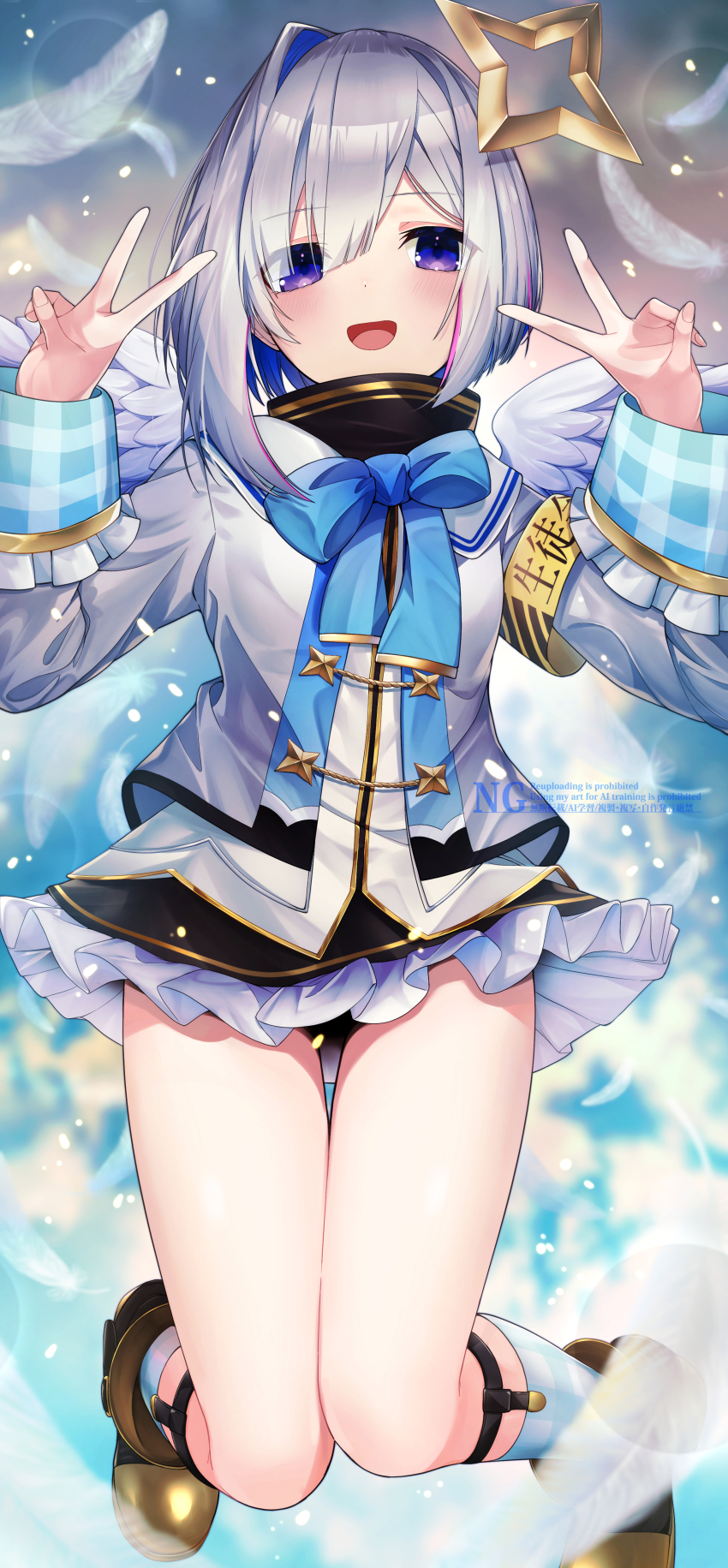 1girl :d absurdres amane_kanata amane_kanata_(1st_costume) angel_wings armband arms_up black_panties black_skirt blue_bow blue_bowtie blue_eyes blue_hair blue_socks bow bowtie brown_shoes colored_inner_hair double_v feathered_wings frilled_skirt frills full_body grey_hair grey_jacket hair_between_eyes halo harii_(janib5kc) highres hololive jacket jumping looking_at_viewer miniskirt multicolored_hair open_mouth panties pantyshot pink_hair plaid_clothes plaid_socks shoes short_hair sidelocks single_hair_intake skirt smile socks solo star_halo streaked_hair underwear v virtual_youtuber watermark white_wings wings yellow_armband