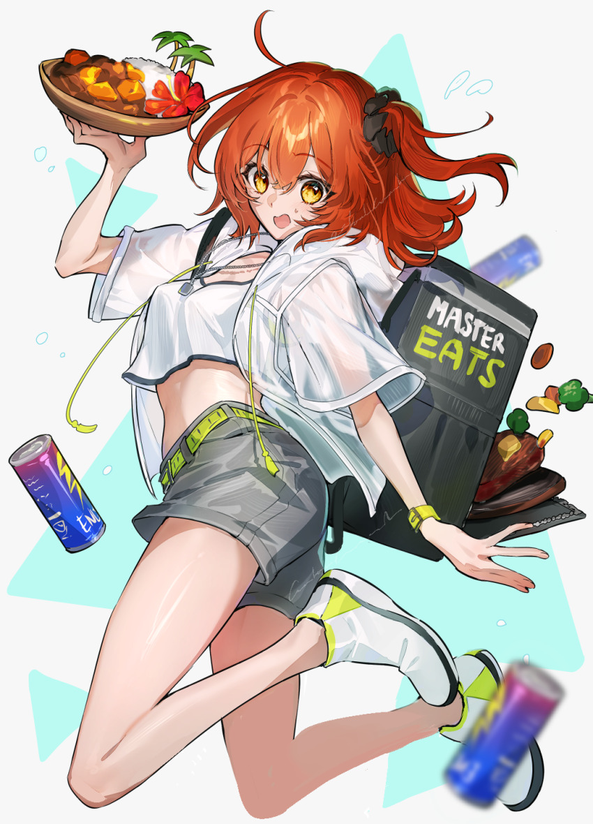 1girl ahoge arm_at_side backpack bag bare_legs belt black_bag black_scrunchie blurry bowl brand_name_imitation broccoli can carrot crop_top curry curry_rice depth_of_field drawstring energy_drink english_text facing_viewer fate/grand_order fate_(series) flower food food_delivery_box fujimaru_ritsuka_(female) fujimaru_ritsuka_(female)_(summer_street) full_body galibo green_belt grey_background grey_shorts hair_ornament hair_scrunchie hand_up highres holding holding_bowl holding_food jacket jewelry jumping light_blush looking_down meat medium_hair open_mouth orange_hair palm_tree pendant red_flower rice scrunchie see-through_clothes see-through_jacket shiny_skin shoes short_sleeves shorts side_ponytail signature simple_background sneakers solo steak sweat tank_top tree uber_eats watch white_jacket white_shoes white_tank_top wristwatch yellow_eyes