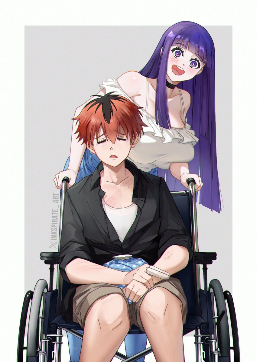 1boy 1girl :d artist_name black_choker black_hair black_shirt breasts bright_pupils brown_shorts choker commentary contemporary fern_(sousou_no_frieren) highres ice_pack inkspirate large_breasts long_hair meme multicolored_hair open_mouth purple_eyes purple_hair red_hair shirt short_hair shorts sitting smile sousou_no_frieren splint stark_(sousou_no_frieren) terry_crews two-tone_hair wheelchair white_chicks white_pupils white_shirt wide-eyed