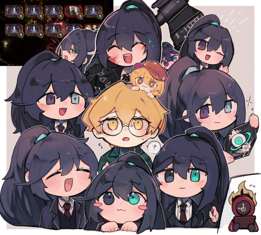 1girl 1other 6+boys :3 :d ? blood blood_on_face blush_stickers cabbie_hat clone clone_harem dante_(limbus_company) don_quixote_(project_moon) gacha_(game_mechanic) game_screenshot_inset glasses hat heterochromia highres hong_lu_(project_moon) limbus_company multiple_boys multiple_persona open_mouth oshikyomokawaii ponytail project_moon sinclair_(project_moon) smile sparkling_eyes zwei_association_south_(identity)_(project_moon)