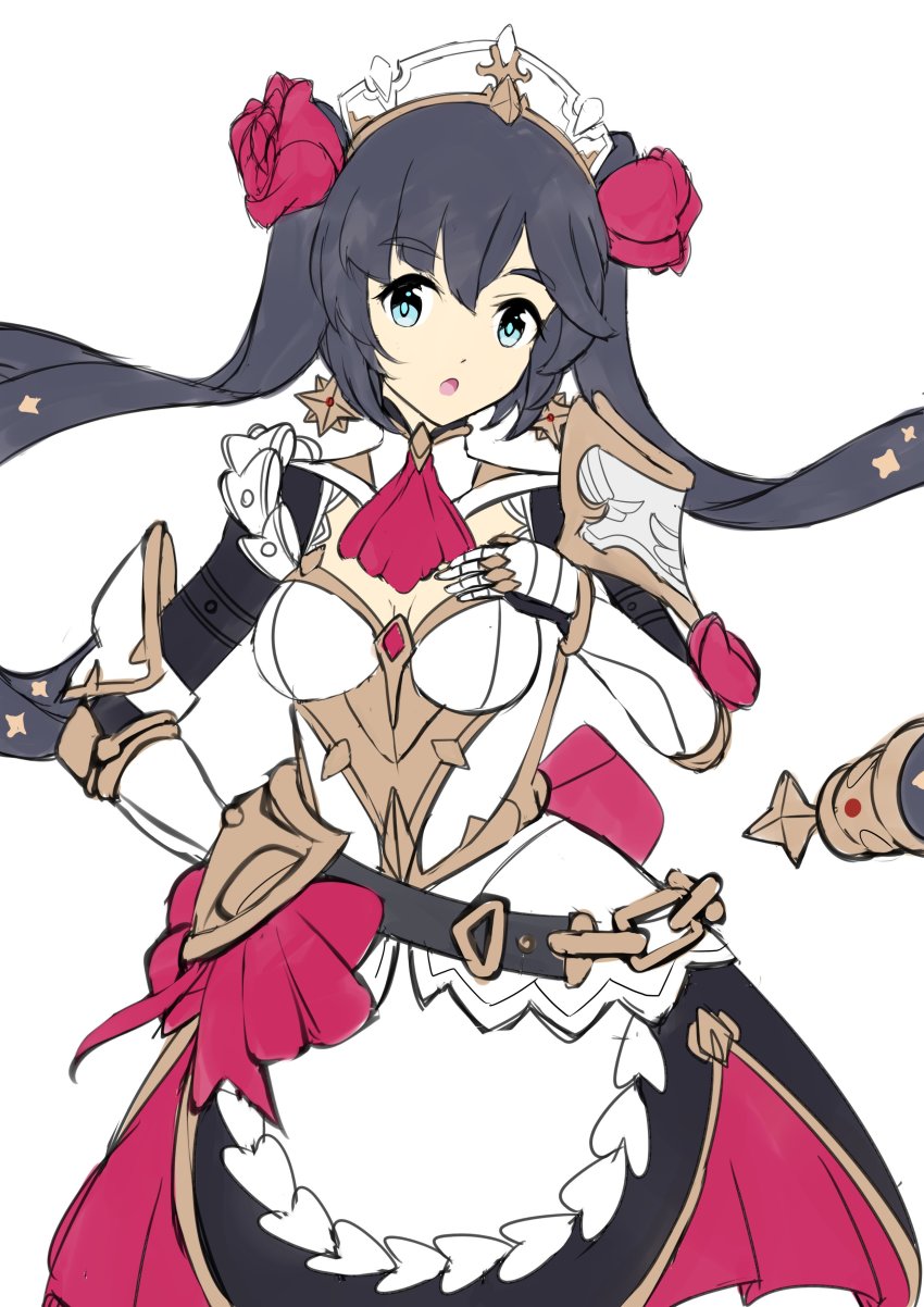 1girl absurdres alternate_costume armor black_hair blue_eyes chestnut_mouth cosplay enmaided flower gauntlets genshin_impact hand_on_own_chest highres long_hair looking_at_viewer maid maid_headdress mona_(genshin_impact) noelle_(genshin_impact) noelle_(genshin_impact)_(cosplay) open_mouth red_flower red_rose rose simple_background solo sudhiro_sappurisa twintails very_long_hair white_background