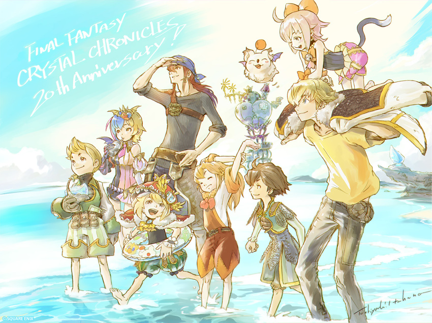 3girls 5boys anniversary bandana barefoot beach cat_tail chelinka clavat final_fantasy final_fantasy_crystal_chronicles final_fantasy_crystal_chronicles:_echoes_of_time final_fantasy_crystal_chronicles:_my_life_as_a_darklord final_fantasy_crystal_chronicles:_my_life_as_a_king final_fantasy_crystal_chronicles:_ring_of_fates final_fantasy_crystal_chronicles_the_crystal_bearers in-franchise_crossover innertube itahana_toshiyuki jacket jacket_on_shoulders keiss king_leo layle mira_(ffcc) moogle multiple_boys multiple_girls official_art sherlotta smile swim_ring tail yuri_(ffcc)
