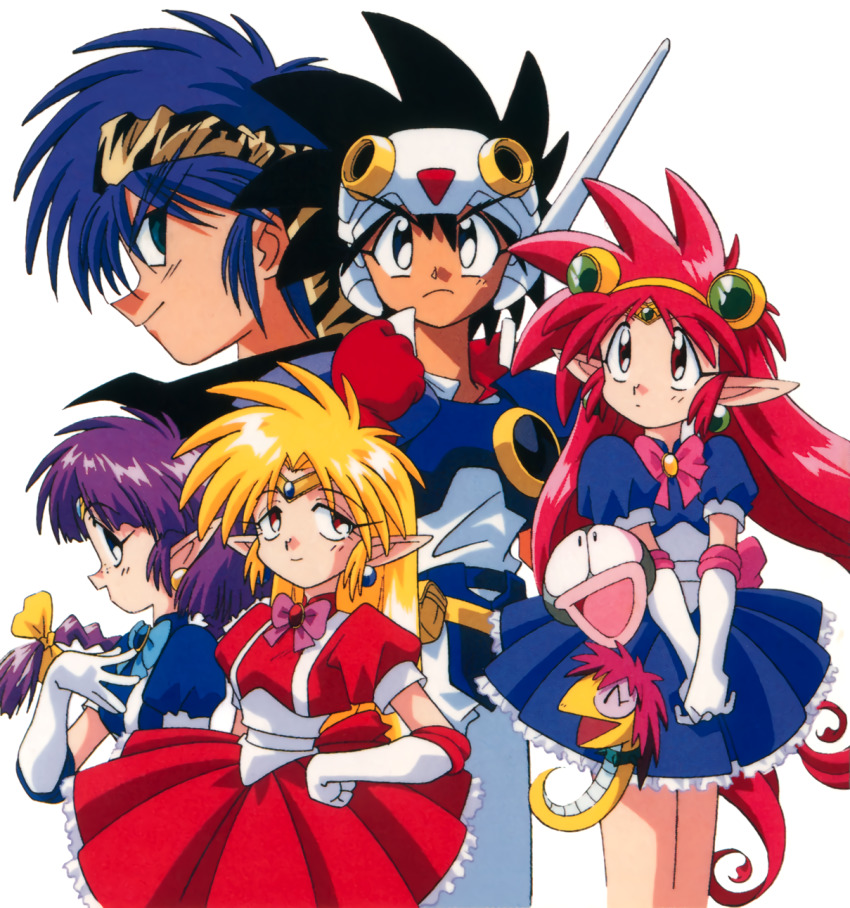 1990s_(style) 2boys 3girls aqua_eyes arara_cocoa arara_milk armor baba_lamune black_eyes black_hair blonde_hair blue_dress blue_hair braid braided_ponytail brooch cosplay da_cider dress earrings elbow_gloves gloves hairband headgear heavy_meta-ko highres jewelry leska_(arara_cafe_au_lait) long_hair long_pointy_ears low-tied_long_hair magical_girl multiple_boys multiple_girls ng_knight_lamune_&amp;_40 non-web_source official_art open_mouth own_hands_together pink_hair pointy_ears profile puffy_short_sleeves puffy_sleeves purple_eyes red_dress red_eyes red_gloves retro_artstyle short_dress short_sleeves simple_background smile snake tama-q tiara v_arms very_long_hair white_background