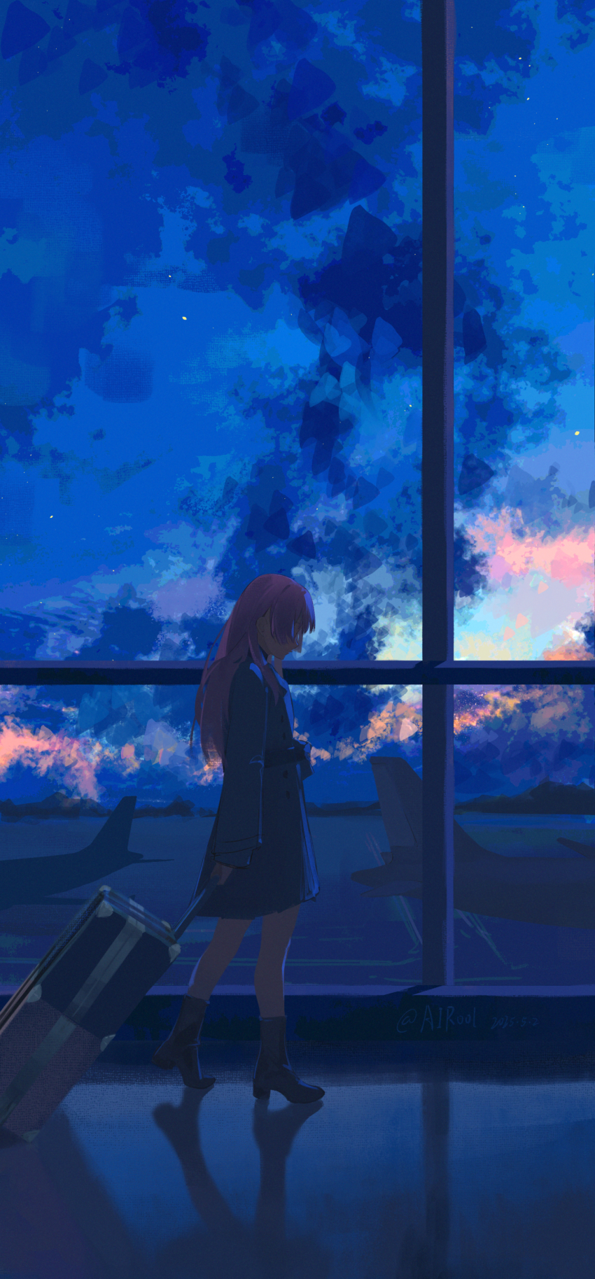 1girl absurdres aircraft airool airplane arm_at_side artist_name bang_dream! bang_dream!_it&#039;s_mygo!!!!! black_boots blue_coat boots chihaya_anon chinese_commentary coat commentary_request covered_eyes dated facing_ahead from_side hair_over_one_eye hair_over_shoulder high_heel_boots high_heels highres jet_airliner long_hair night night_sky pink_hair profile reflective_floor rolling_suitcase sash shadow sky solo suitcase walking