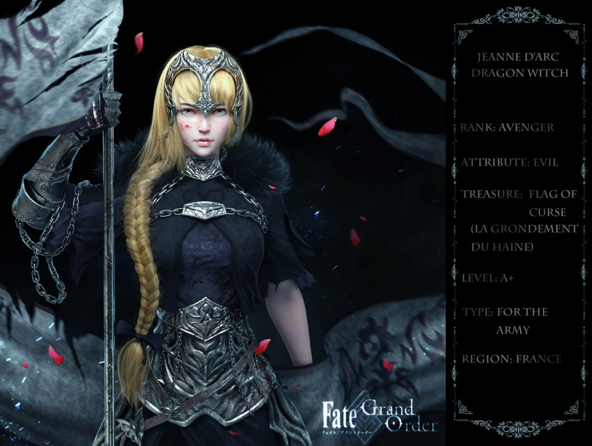 1girl 3d banner black_bow black_dress blonde_hair blood blood_on_face bow braid character_name cowboy_shot dress fate/apocrypha fate/grand_order fate_(series) feather_trim female_focus gauntlets hair_bow hair_over_shoulder hand_up headpiece highres holding jeanne_d&#039;arc_(fate) jeanne_d&#039;arc_(ruler)_(fate) jeanne_d&#039;arc_alter_(avenger)_(fate) jeanne_d&#039;arc_alter_(fate) long_hair looking_at_viewer petals plackart realistic reference_sheet single_braid single_gauntlet single_vambrace solo torn_sleeve vambraces yellow_eyes yun_sihang