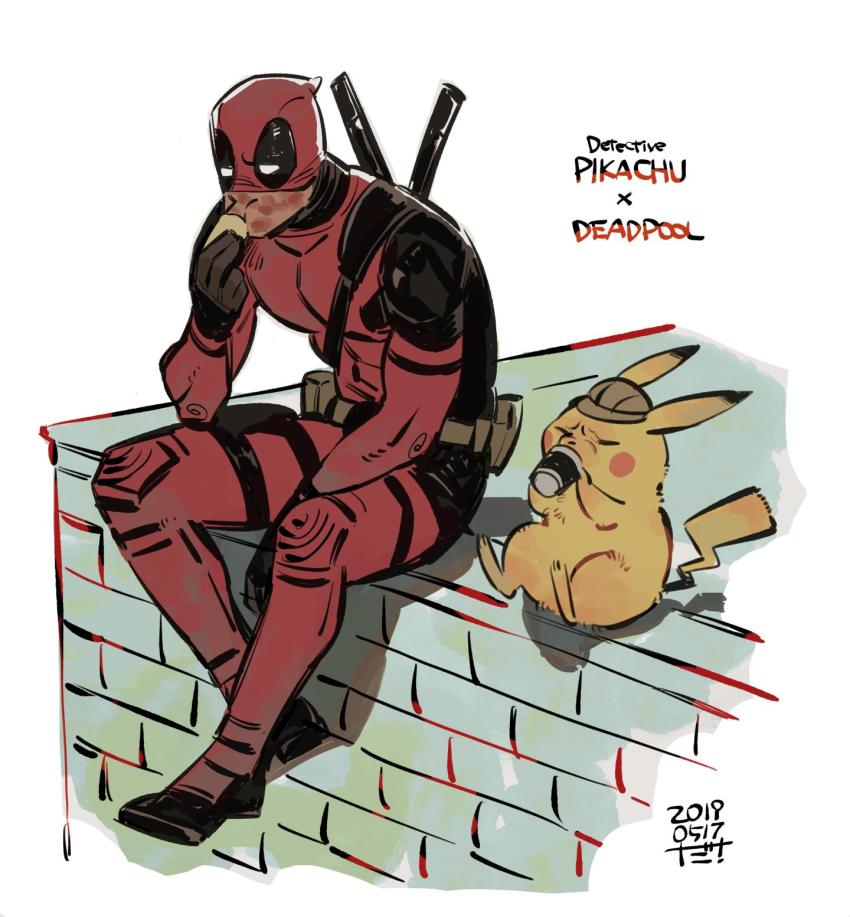 1boy artist_name belt black_footwear black_gloves blush_stickers bodysuit boots brown_headwear building character_name closed_eyes clothed_pokemon commentary cup dam_(okdam3) dated deadpool deadpool_(series) deerstalker detective_pikachu_(character) detective_pikachu_(movie) detective_pikachu_(series) drinking eating food gen_1_pokemon gloves hat highres holding holding_cup holding_food leaning_forward long_sleeves marvel mask_up nintendo pikachu pokemon pokemon_(creature) red_bodysuit ryan_reynolds shadow signature sitting sword utility_belt voice_actor_connection weapon