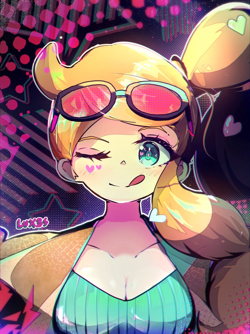 1girl aqua_eyes aqua_shirt artist_name black-framed_eyewear breasts brown_coat cleavage coat collarbone eyewear_on_head hair_ornament heart heart_hair_ornament highres long_hair medium_breasts nintendo one_eye_closed orange-tinted_eyewear orange_hair pokemon pokemon_swsh ribbed_shirt ricochetto shirt side_ponytail smile solo sonia_(pokemon) sunglasses swept_bangs tinted_eyewear tongue tongue_out upper_body v-neck wavy_hair