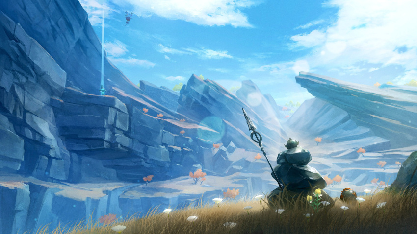 aircraft anna_(drw01) cliff cloud commentary_request day flower genshin_impact grass helmet highres hot_air_balloon no_humans outdoors polearm scenery sky spear statue_of_the_seven sweet_flower tree weapon white_flower yellow_flower