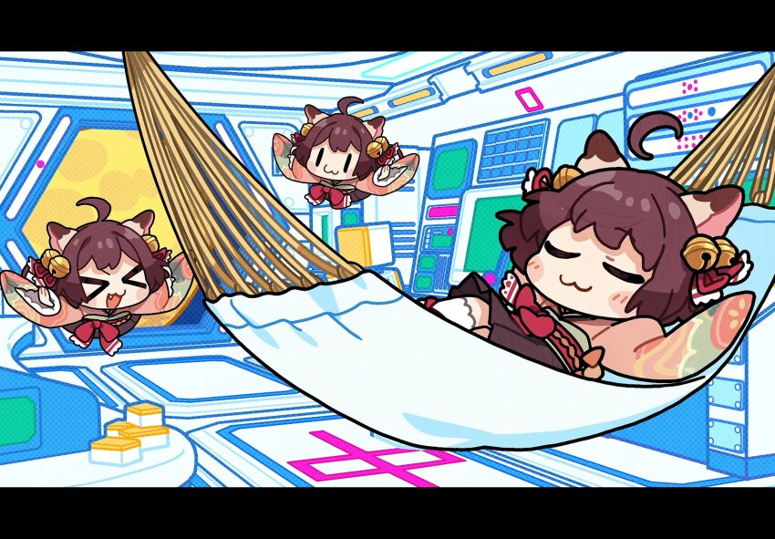 &gt;_&lt; 1girl :3 ahoge animal_ears b_b_i3 bell blush bow brown_hair brown_skirt cat_ears cat_girl chibi chibi_only closed_eyes closed_mouth commentary_request fang full_body hair_bell hair_ornament hair_ribbon hammock highres ichihime indoors japanese_clothes jingle_bell kimono letterboxed long_sleeves mahjong mahjong_soul mahjong_tile multiple_views obi official_art open_mouth pink_kimono red_bow red_ribbon red_sash ribbon sash short_hair skirt smile spacecraft uwu waist_bow wide_sleeves |_|