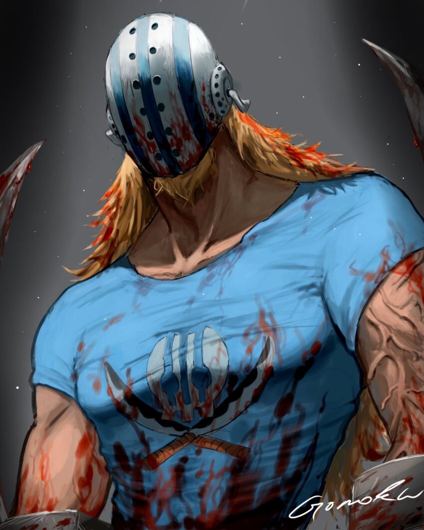 1boy blonde_hair blood blood_in_hair blood_on_clothes blood_on_mask bloody_weapon blue_shirt facial_hair facial_hair_through_mask goatee gomoku_0318 highres hockey_mask killer_(one_piece) long_hair male_focus mask muscular muscular_male one_piece shirt short_sleeves signature solo t-shirt weapon