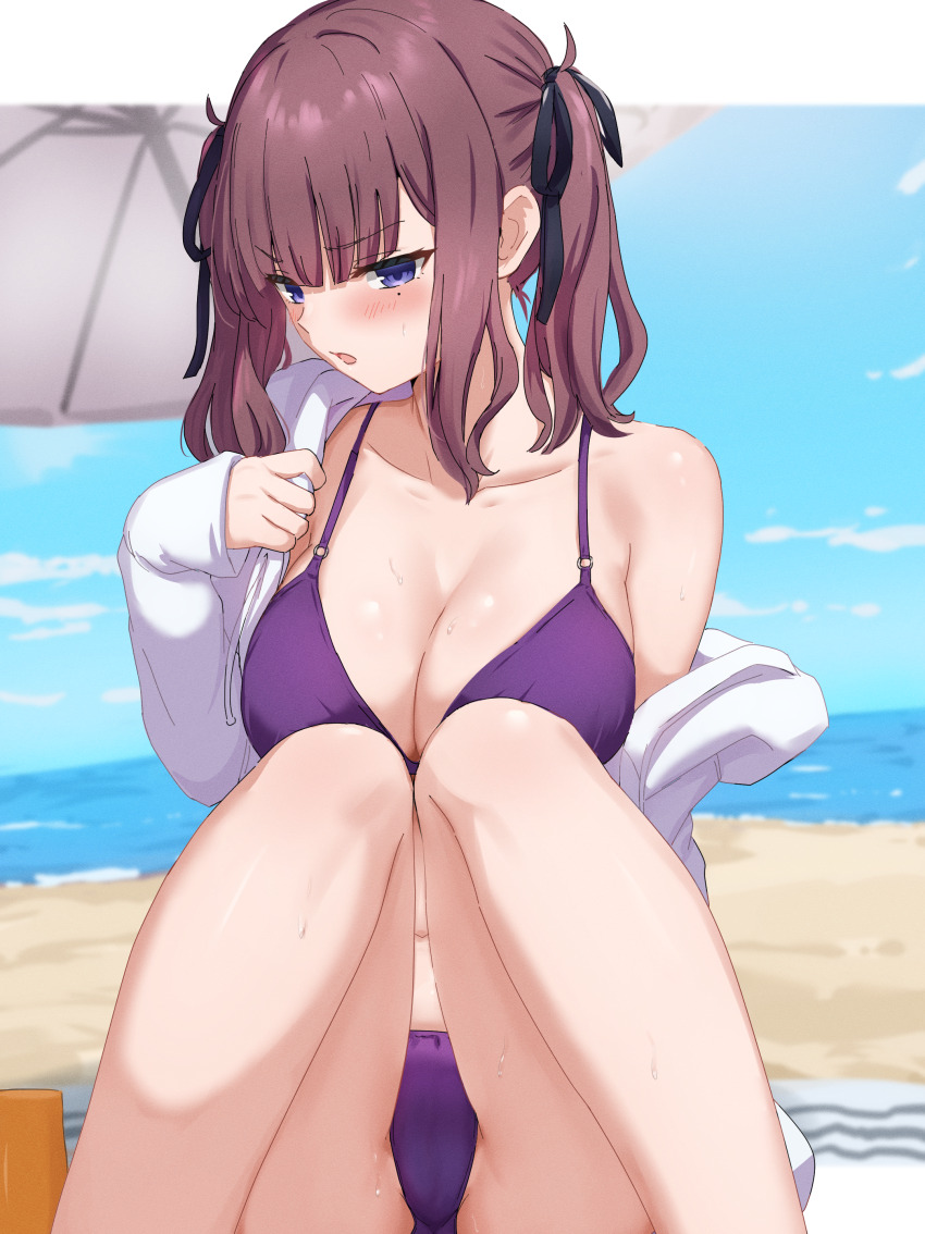 1girl absurdres bikini black_ribbon blush breasts cameltoe cevio cleavage commentary_request embarrassed hair_ribbon highres jacket large_breasts long_sleeves mole mole_under_eye natsuki_karin navel off_shoulder open_mouth paid_reward_available partial_commentary purple_bikini ribbon ruttse single_bare_shoulder sitting solo sweat swimsuit synthesizer_v twintails white_jacket
