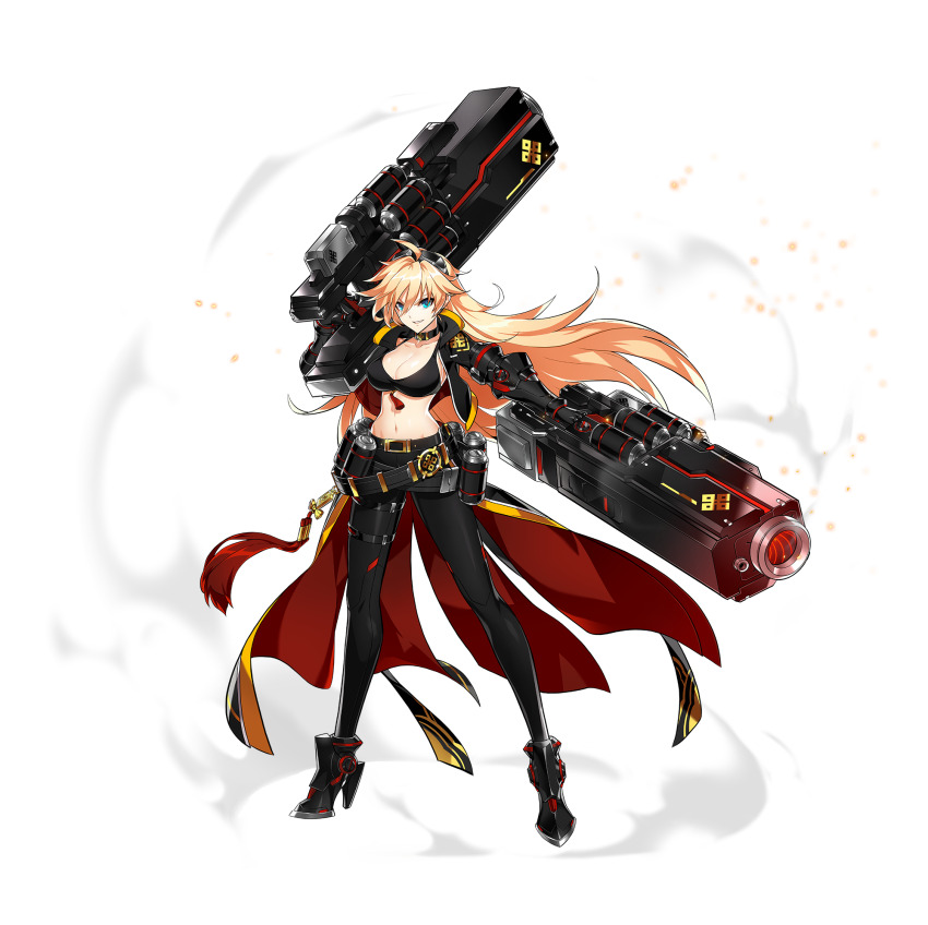 1girl ahoge armored_boots artist_request belt belt_buckle belt_collar black_belt black_boots black_bra black_gloves black_jacket black_pants black_skirt blonde_hair blue_eyes boots bra breasts buckle closed_mouth collar collared_jacket crossed_belts dual_wielding elsword embers fighting_stance floating_clothes floating_hair full_body gloves gun hair_between_eyes high_heel_boots high_heels highres holding holding_gun holding_weapon huge_weapon jacket large_breasts long_hair long_skirt long_sleeves looking_at_viewer magazine_(weapon) multiple_belts navel official_alternate_costume official_art open_clothes open_jacket over_shoulder pants parted_lips red_skirt rose_(elsword) second-party_source showgirl_skirt skirt smirk smoke solo standing stomach tachi-e thigh_belt thigh_strap transparent_background tsurime two-sided_fabric two-sided_skirt underwear very_long_hair weapon weapon_over_shoulder
