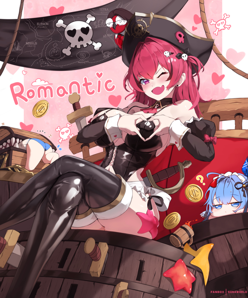 2girls ;o ? anchor_(innocent_maid)_(nikke) anchor_(nikke) bare_shoulders black_collar black_leotard black_thighhighs breasts center_opening clothing_cutout collar commentary crossed_legs detached_collar english_commentary fang goddess_of_victory:_nikke hat heart heart_hands highres large_breasts leotard long_hair looking_at_viewer mast_(nikke) mast_(romantic_maid)_(nikke) mimic mimic_chest multiple_girls neckerchief official_alternate_costume one_eye_closed open_mouth pirate_hat pop-up_pirate red_hair red_neckerchief shiny_clothes shiny_skin side_cutout sitting skin_fang solo_focus sonaworld thighhighs tongue underboob