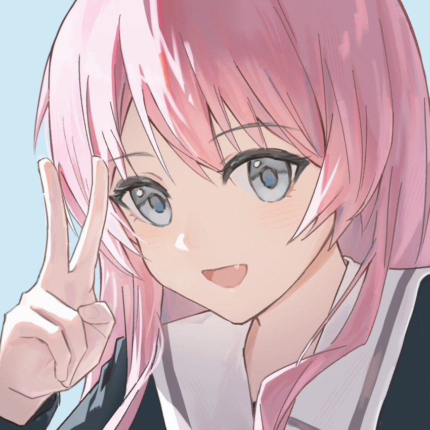 1girl bang_dream! bang_dream!_it&#039;s_mygo!!!!! blue_background chihaya_anon commentary fang grey_eyes hand_up highres hu_pi_xuan_jiao long_hair open_mouth pink_hair school_uniform simple_background solo v