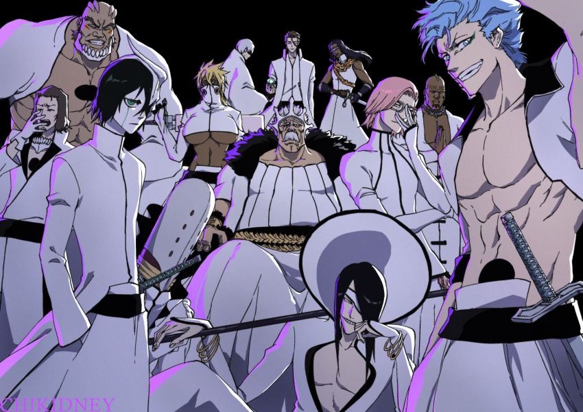 1girl 6+boys aaroniero_arruruerie abs absurdres adjusting_eyewear aizen_sousuke arrancar artist_name baraggan_louisenbairn black_background black_hair bleach bleach:_sennen_kessen-hen blonde_hair blue_eyes blue_hair bracelet breasts brown_hair chikidney chinese_commentary closed_eyes colored_skin commentary coyote_starrk dark-skinned_female dark-skinned_male dark_skin everyone evil_grin evil_smile expressionless eyepatch facial_hair facial_mark glasses gloves green_eyes grey_hair grimmjow_jaegerjaquez grin hair_between_eyes hand_in_pocket hand_up highres hole_in_chest hole_in_stomach hole_on_body ichimaru_gin jewelry katana large_breasts long_hair long_sleeves looking_at_viewer male_focus mask medium_hair mixed-language_commentary multiple_boys muscular muscular_male mustache nnoitra_gilga nose official_style old old_man open_clothes open_shirt own_hands_clasped own_hands_together pink_hair praying shirt short_hair simple_background smile smug spiked_hair straight_hair sword szayelaporro_granz thick_eyebrows tier_harribel tousen_kaname ulquiorra_cifer underboob v-shaped_eyebrows weapon white-framed_eyewear white_gloves white_shirt white_skin yammy_llargo yawning zommari_rureaux