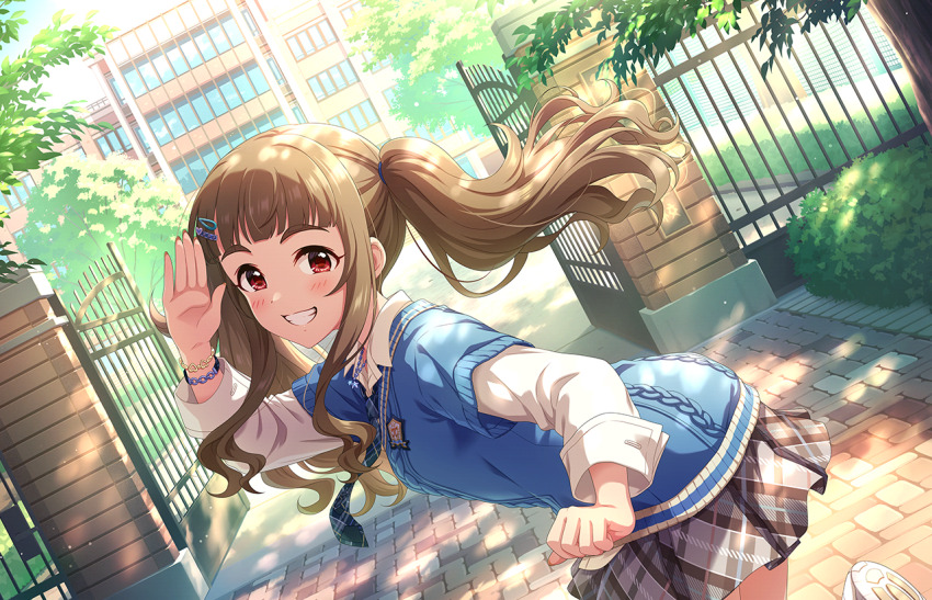 1girl bracelet brown_hair building bush emblem game_cg gate grin hair_ornament hairclip idolmaster idolmaster_cinderella_girls idolmaster_cinderella_girls_starlight_stage jewelry kamiya_nao necklace necktie official_art plaid_clothes plaid_skirt red_eyes salute school_uniform shirt skirt smile solo sweater_vest thick_eyebrows tree twintails white_shirt