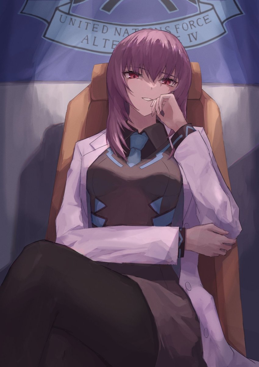 1girl black_pantyhose black_shirt blue_necktie breasts collared_shirt grey_jacket grey_skirt head_tilt highres ito_t20a jacket kouzuki_yuuko lab_coat looking_at_viewer medium_breasts medium_hair military muv-luv muv-luv_alternative necktie pantyhose red_eyes shaded_face shirt skirt smile solo