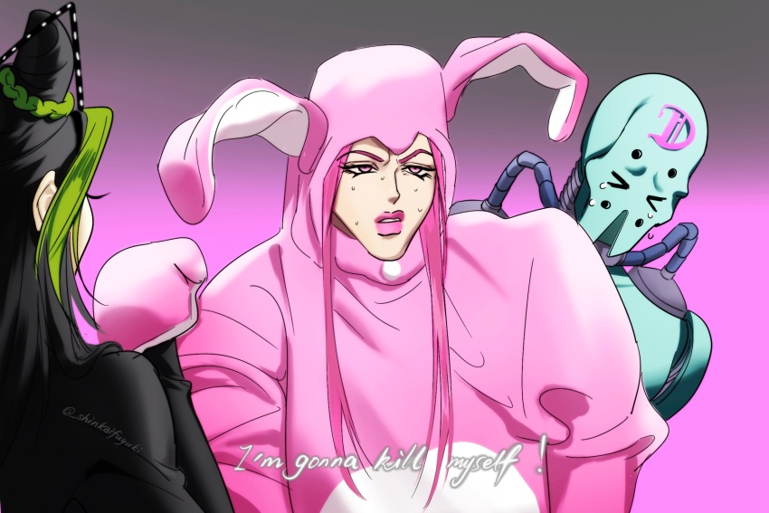 &gt;_&lt; 1boy 1girl animal_costume animal_ears annoyed black_hair black_shirt braid bun_with_braided_base chinese_commentary commentary_request cone_hair_bun crying diver_down_(stand) double_bun english_text fake_animal_ears gradient_background green_eyes hair_bun highres jojo_no_kimyou_na_bouken kuujou_jolyne long_hair narciso_anasui pink_background pink_eyes pink_hair pink_lips rabbit_costume rabbit_ears shinkaifuyuki shirt stand_(jojo) stone_ocean subtitled tears two_side_up