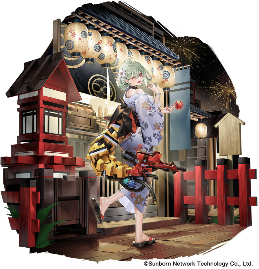 architecture blue_eyes candy_apple chinese_commentary copyright_notice cross-shaped_pupils de_lacey_(neural_cloud) east_asian_architecture festival fireworks flower food full_body girls&#039;_frontline girls&#039;_frontline_neural_cloud green_hair hair_flower hair_ornament highres japanese_clothes kimono lantern mechanical_tail official_art paper_lantern red_naisl sandals shrine symbol-shaped_pupils tail vinegar_kira water_yoyo