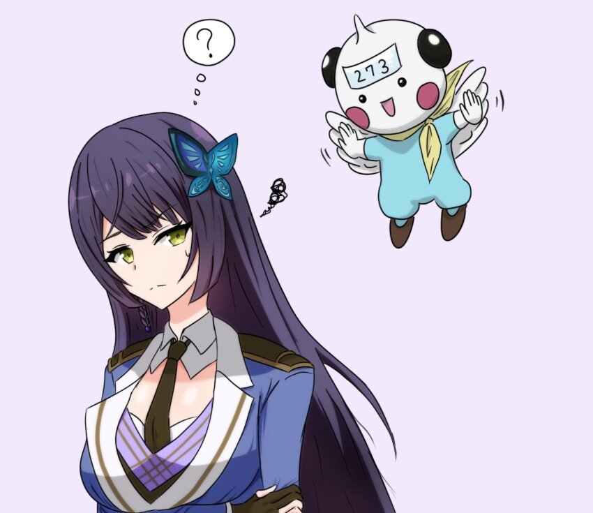 1girl 1other :d ? arm_at_side arm_under_breasts assault_lily black_gloves black_necktie blue_jacket blush_stickers braid breasts closed_mouth commentary_request crossover detached_collar epaulettes flying funada_kiito gloves green_eyes hand_on_own_arm hand_up hunter_x_hunter jacket large_breasts long_hair looking_at_another looking_at_viewer motion_lines necktie nukenin_(maato) open_mouth partially_fingerless_gloves potclean purple_background purple_hair side_braid simple_background single_braid smile speech_bubble sweatdrop thought_bubble upper_body white_wings wings