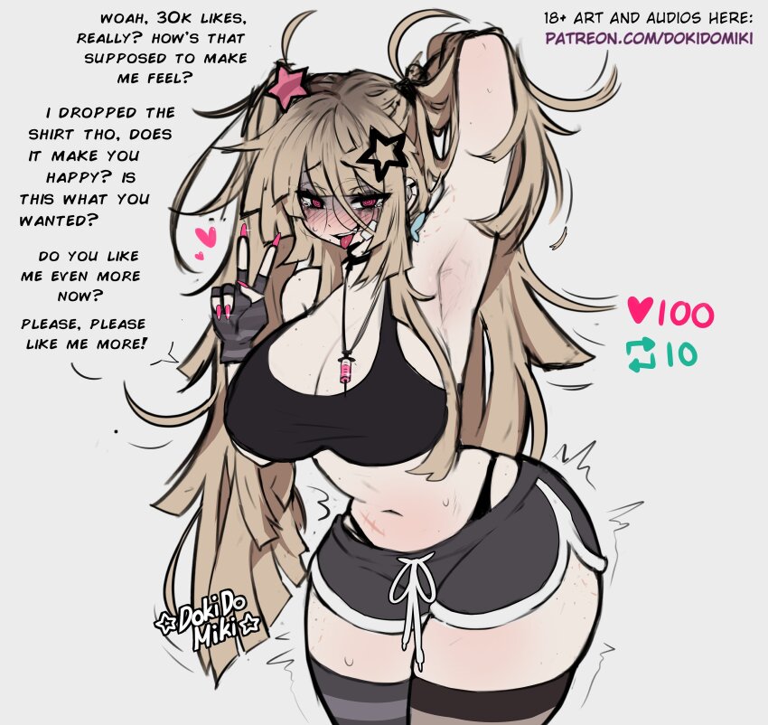 1girl @_@ absurdres arm_up armpits artist_name asymmetrical_legwear bare_shoulders bite_mark bite_mark_on_arm bite_mark_on_leg bite_mark_on_thigh black_bra black_gloves black_panties black_shorts black_thighhighs blonde_hair blush body_freckles bra breasts butterfly_earrings cleavage commentary cowboy_shot curvy dokidomiki dolphin_shorts double-parted_bangs earrings english_commentary english_text fingerless_gloves fingernails freckles gauze gauze_on_cheek gauze_on_face glasses gloves hair_between_eyes hair_ornament hand_up heart highleg highleg_panties highres jewelry large_breasts leaning_forward long_fingernails long_hair long_hair_between_eyes looking_at_viewer makeup mascara messy_hair miki_(dokidomiki) mismatched_legwear mole mole_on_breast mole_on_shoulder mole_on_stomach mole_under_mouth nail_polish navel necklace open_mouth original panties panty_straps patreon_username pink_eyes pink_nails raised_inner_eyebrows round_eyewear runny_makeup scar scar_on_stomach short_shorts shorts simple_background smile solo star_(symbol) star_hair_ornament stomach striped_clothes striped_gloves striped_thighhighs sweat syringe_necklace talking tearing_up tears thigh_freckles thighhighs thighs tongue tongue_out twitching twitter_strip_game uncensored underwear v white_background wide_hips