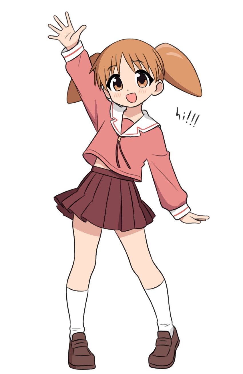 1girl 64vii arm_up azumanga_daioh&#039;s_school_uniform azumanga_daiou brown_eyes brown_hair brown_shoes commentary english_commentary english_text full_body highres loafers long_sleeves looking_at_viewer mihama_chiyo open_mouth pink_serafuku pink_shirt red_skirt sailor_collar school_uniform serafuku shirt shoes short_hair short_twintails skirt socks solo twintails waving white_sailor_collar white_socks winter_uniform