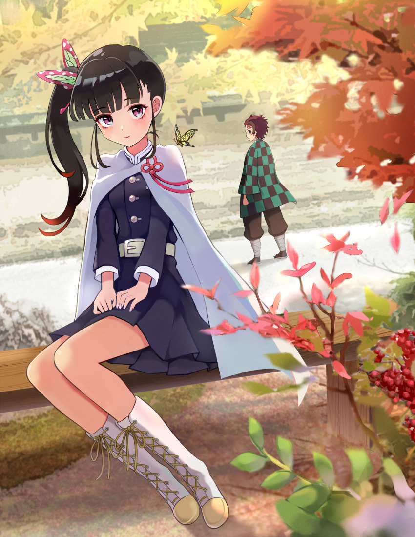 1boy 1girl autumn_leaves black_hair black_jacket black_pants black_skirt blunt_bangs boots brown_hair bug butterfly butterfly_hair_ornament cape demon_slayer_uniform from_behind gradient_hair hair_ornament highres insect jacket kamado_tanjirou kimetsu_no_yaiba lace-up_boots leaf long_sleeves looking_at_viewer looking_back multicolored_hair okken pants pleated_skirt purple_eyes scar scar_on_face short_hair side_ponytail sitting skirt smile solo_focus tsuyuri_kanao white_cape white_footwear