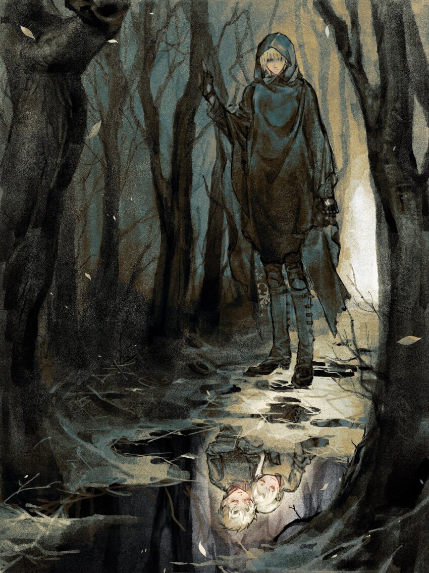 2boys black_cloak black_gloves blue_coat brothers chenni_154 cloak closed_mouth coat dante_(devil_may_cry) devil_may_cry_(series) fingerless_gloves gloves highres hood hood_up hooded_cloak male_focus multiple_boys short_hair siblings smile vergil_(devil_may_cry) white_hair