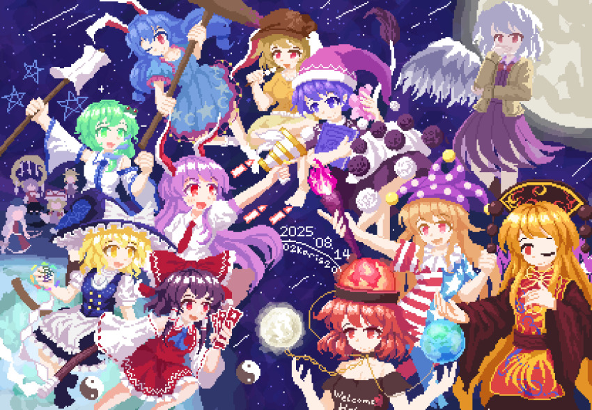 02charaice20 6+girls absurdres american_flag american_flag_dress american_flag_print animal_ears anniversary apron artist_name ascot black_dress black_hat black_shirt blonde_hair blue_ascot blue_dress blue_hat blue_vest bow bowtie braid broom broom_riding brown_hair brown_hat chain chinese_commentary closed_mouth clothes_writing clownpiece collared_shirt commentary_request covering_own_mouth crescent_print dalachi_(headdress) dango dated detached_sleeves doremy_sweet dream_soul dress earth_(ornament) earth_(planet) flag_print floppy_ears food frilled_bow frills frog_hair_ornament gohei gold_chain green_eyes green_hair grey_hair hair_bow hair_ornament hair_tubes hakurei_reimu hat hat_bow hat_ribbon hecatia_lapislazuli highres holding holding_gohei holding_mallet holding_torch jacket jester_cap junko_(touhou) kine kirisame_marisa kishin_sagume kochiya_sanae legacy_of_lunatic_kingdom long_hair long_sleeves lunatic_gun mallet mob_cap moon moon_(ornament) moriya_suwako multiple_girls neck_ribbon neck_ruff necktie nurse_cap off-shoulder_shirt off_shoulder ofuda one_eye_closed open_clothes open_jacket open_mouth orange_shirt orb phoenix_print pink_skirt pixel_art planet polka_dot_headwear pom_pom_(clothes) purple_dress purple_hair purple_hat purple_tabard rabbit_ears rabbit_girl red_bow red_bowtie red_eyes red_hair red_necktie red_skirt red_tabard reisen_udongein_inaba ribbon ribbon-trimmed_sleeves ribbon_trim ringo_(touhou) rope seiran_(touhou) shimenawa shirt shorts single_wing skewer skirt skirt_set smile snake_hair_ornament space star_(symbol) star_print striped_clothes striped_dress suit_jacket tabard tail tapir_tail torch touhou underworld_(ornament) very_long_hair vest wagashi waist_apron white_apron white_shirt white_wings wide_sleeves wings witch_hat yagokoro_eirin yakumo_yukari yasaka_kanako yellow_eyes yellow_ribbon yellow_shorts yin_yang yin_yang_orb