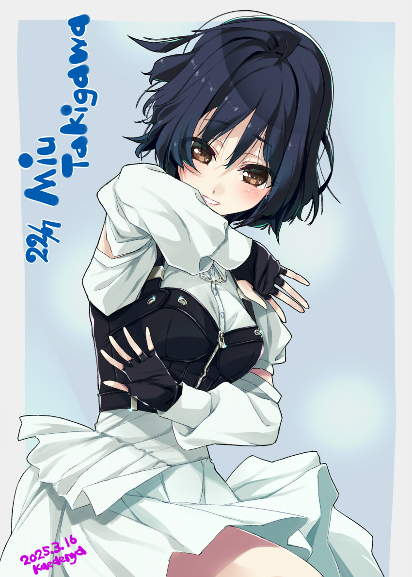 1girl 22/7 artist_name black_gloves black_hair blue_background bodice border brown_eyes character_name copyright_name cowboy_shot dancing dated dress fingerless_gloves gloves highres kisairo_kaede light_smile long_sleeves outside_border parted_lips rock_wa_shinanai short_hair solo takigawa_miu white_border white_dress