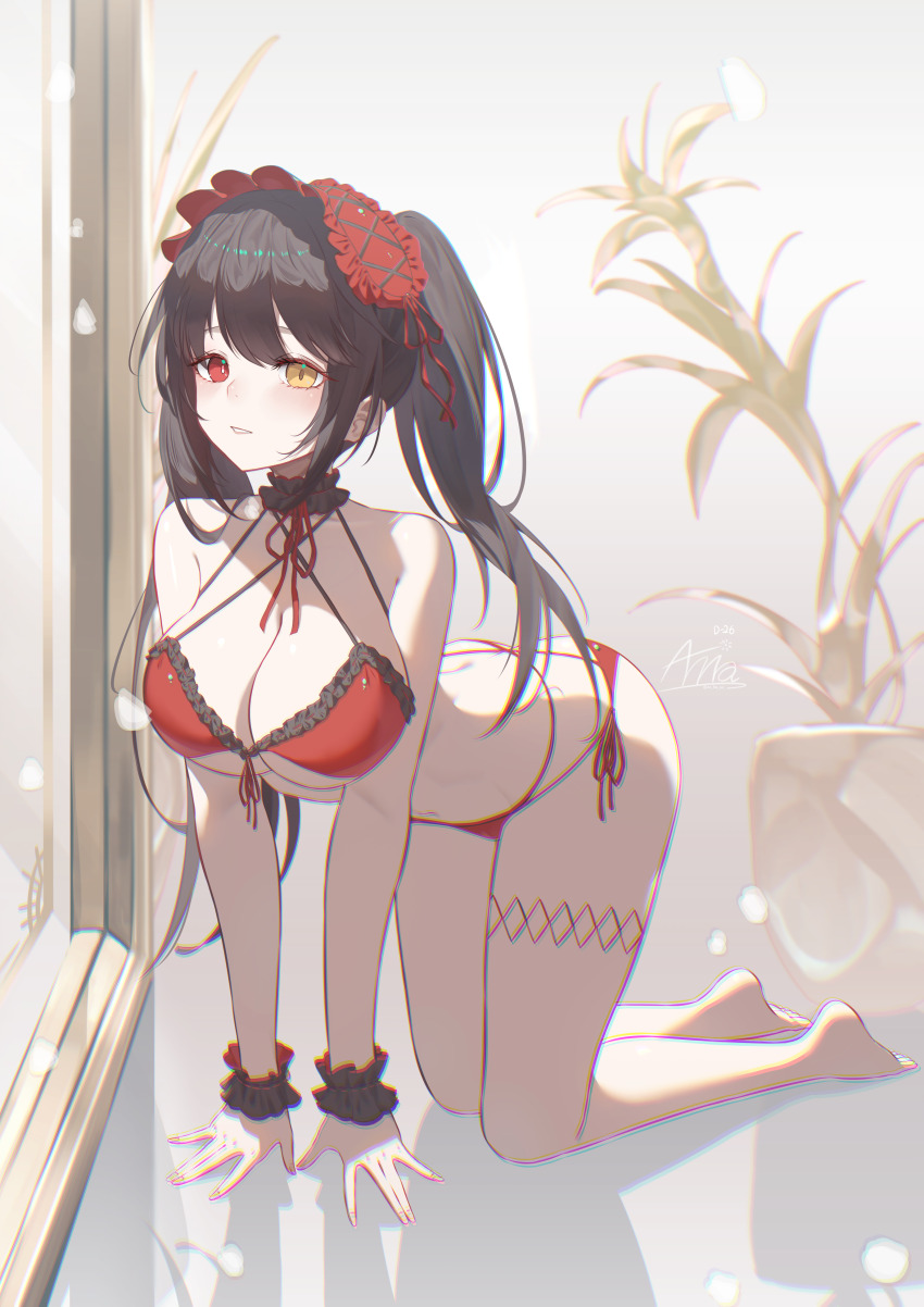 1girl absurdres all_fours annasui_factory azur_lane bare_shoulders barefoot bikini black_hair breasts clock_eyes date_a_live feet heterochromia highres large_breasts long_hair looking_at_viewer mirror navel official_alternate_costume plant potted_plant red_bikini red_eyes scrunchie solo stomach swimsuit symbol-shaped_pupils thighs tokisaki_kurumi tokisaki_kurumi_(twin_rose) twintails very_long_hair wrist_scrunchie yellow_eyes