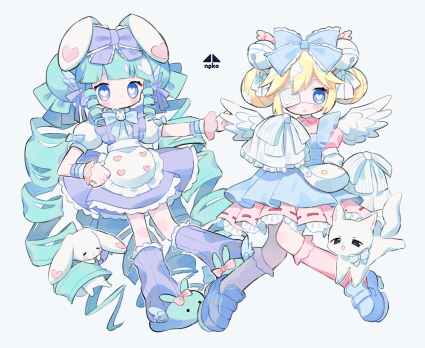 2girls animal_ears animal_slippers apron bag bell blonde_hair blue_apron blue_bow blue_bowtie blue_eyes blue_shoes blush_stickers bow bowtie cat closed_mouth collared_dress commentary_request commission cotono_(nazekun) cutesu_(cutesuu) double_bun dress drill_hair drill_sidelocks expressionless eyepatch feathered_wings frilled_apron frills full_body green_hair green_slippers grey_background hair_bell hair_bow hair_bun hair_ornament hair_ribbon highres kneehighs lace lace-trimmed_dress lace-trimmed_skirt lace_trim leg_warmers loafers long_hair long_sleeves medical_eyepatch miruku_(cutesuu) multiple_girls original parted_lips pink_dress pink_socks pleated_dress pleated_skirt puffy_short_sleeves puffy_sleeves purple_bow purple_leg_warmers purple_ribbon purple_skirt rabbit rabbit_ears ribbon ribbon-trimmed_dress ribbon_trim shirt shoes short_dress short_hair short_sleeves shoulder_bag sidelocks simple_background skeb_commission skirt sleeves_past_fingers sleeves_past_wrists slippers socks very_long_hair white_apron white_bag white_cat white_rabbit_(animal) white_ribbon white_shirt white_wings wings wrist_cuffs
