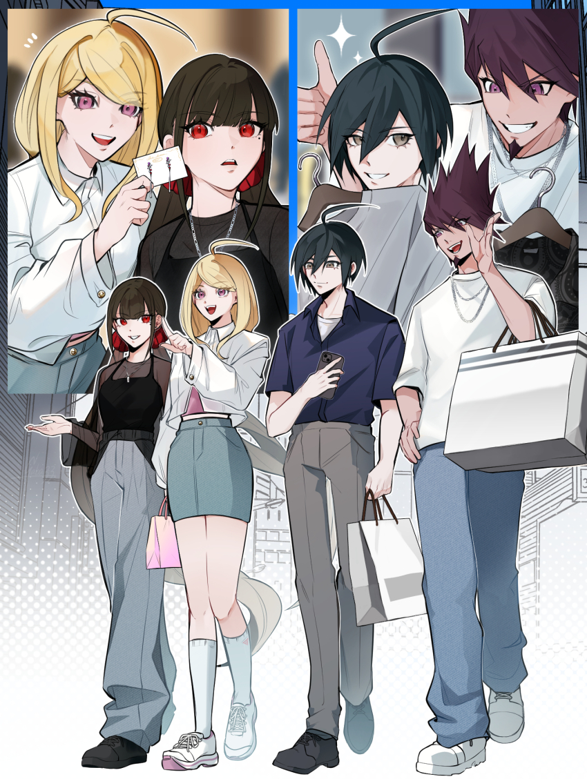 2boys 2girls ahoge akamatsu_kaede bag black_hair black_shirt blonde_hair brown_pants card casual danganronpa_(series) danganronpa_v3:_killing_harmony facial_hair gaba33 goatee grin hair_ornament hair_scrunchie harukawa_maki highres holding holding_card long_hair low_twintails momota_kaito multiple_boys multiple_girls pants red_scrunchie saihara_shuichi scrunchie shirt shopping_bag skirt smile spiked_hair teeth twintails