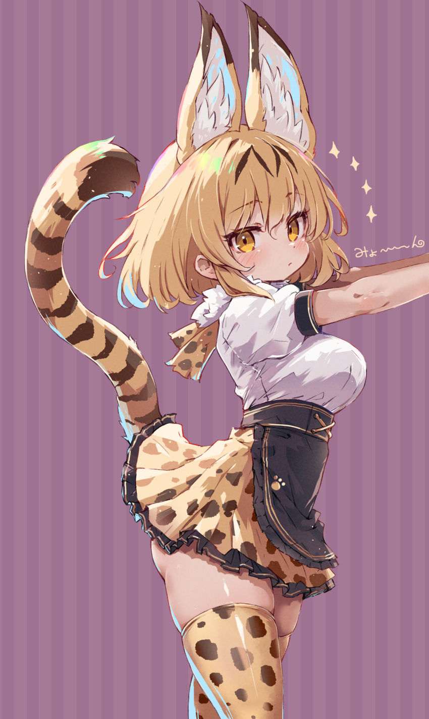 1girl adapted_costume animal_ears animal_print apron black_apron black_trim blonde_hair blush bow bowtie cat_ears cat_girl cat_tail cowboy_shot extra_ears frilled_apron frilled_skirt frills fur_collar hair_between_eyes high-waist_skirt highres kemono_friends kolshica looking_at_viewer multicolored_hair pleated_skirt print_bow print_bowtie print_skirt print_thighhighs puffy_short_sleeves puffy_sleeves serval_(kemono_friends) shirt short_hair short_sleeves sidelocks skirt solo sparkle tail thighhighs white_fur white_shirt yellow_eyes zettai_ryouiki