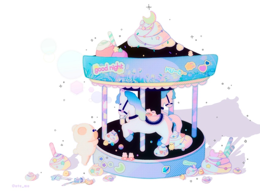 artist_name bird candy carousel chick commentary creature crescent english_commentary english_text food highres horse lollipop moyaco no_humans original pastel_colors signature simple_background solid_circle_eyes solid_eyes sparkle star_(symbol) toy_carousel white_background