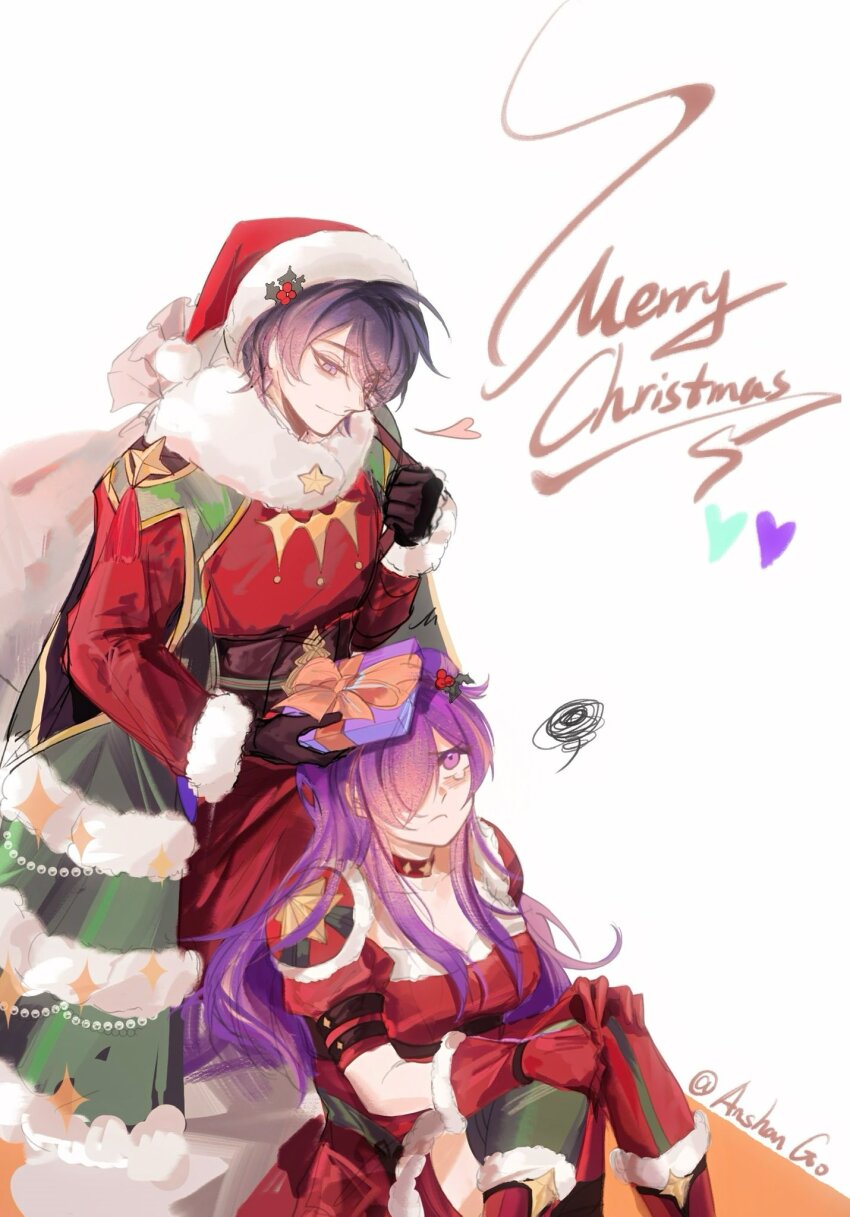 1boy 1girl anshango black_gloves blue_eyes blue_hair choker christmas closed_mouth commentary dress english_commentary female_shez_(fire_emblem) female_shez_(snowfield_envoy)_(fire_emblem) fire_emblem fire_emblem:_three_houses fire_emblem_heroes fire_emblem_warriors:_three_hopes fur-trimmed_sleeves fur_trim gloves hair_bun hair_over_one_eye hat highres holding holding_sack long_hair looking_at_another looking_up male_byleth_(fire_emblem) male_byleth_(frosty_professor)_(fire_emblem) merry_christmas nintendo official_alternate_costume one_eye_covered purple_eyes purple_hair red_choker red_dress red_hat sack santa_costume santa_hat short_hair single_hair_bun sitting smile tearing_up twintails twitter_username