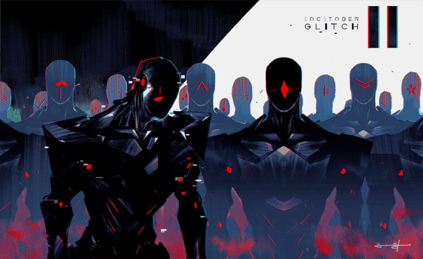 6+boys chromatic_aberration crowd cyberpunk humanoid_robot looking_ahead looking_at_viewer looking_down looking_to_the_side monochrome multiple_boys no_humans non-humanoid_robot original robot sarah_stone science_fiction spot_color upper_body
