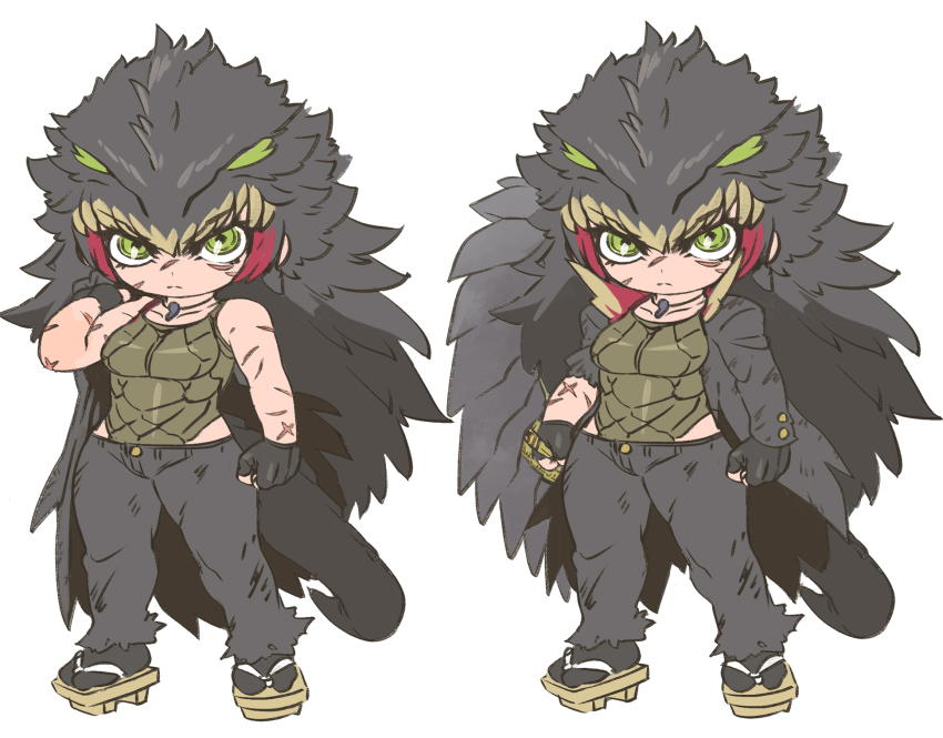 1girl adapted_costume arm_at_side arms_at_sides bare_arms bare_shoulders big_hair black_hair chibi closed_mouth coat cosplay daiei_film dirty dirty_clothes fingerless_gloves full_body gamera gamera_(cosplay) gamera_(series) gamera_3:_revenge_of_iris geta gloves green_eyes green_hair hand_up highres holding holding_unworn_clothes jewelry kuro_(kurojill) leotard leotard_under_clothes long_sleeves looking_at_viewer magatama magatama_necklace monster_girl multicolored_hair multiple_views necklace pants pendant personification red_hair ringed_eyes scar scar_on_arm scar_on_face scar_on_forehead serious simple_background socks tail torn_clothes unworn_coat white_background