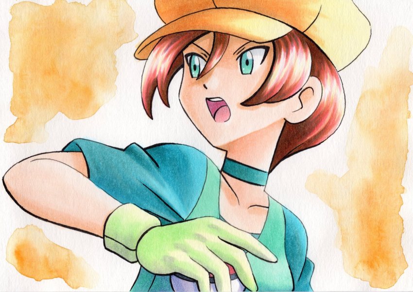 1girl brown_hair choker collarbone commentary_request game_freak georgia_(pokemon) gloves green_choker green_eyes green_gloves hand_up hat highres holding holding_poke_ball looking_to_the_side nintendo oka_mochi open_mouth poke_ball pokemon pokemon_(anime) pokemon_bw_(anime) short_hair short_sleeves solo teeth tongue traditional_media upper_body upper_teeth_only yellow_background yellow_hat