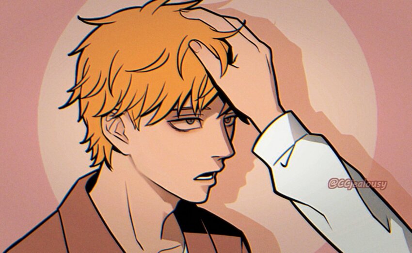 1boy 1girl blonde_hair brown_shirt chainsaw_man chromatic_aberration commentary czy_(2894456992) denji_(chainsaw_man) film_grain hand_on_another&#039;s_head highres open_mouth scene_reference shirt twitter_username yoru_(chainsaw_man)