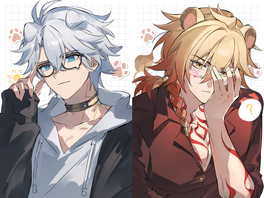 2boys ? absurdres adjusting_eyewear alternate_costume animal_ears antenna_hair arm_tattoo black_choker black_jacket blonde_hair blue_eyes braid casual chest_tattoo choker collared_shirt commentary dog_boy dog_ears glasses gradient_hair grid_background hair_between_eyes hand_on_eyewear hand_up highres honkai:_star_rail honkai_(series) hood hood_down hoodie jacket lion_boy lion_ears male_focus medium_hair multicolored_hair multiple_boys mydei_(honkai:_star_rail) osamu18568716 pectoral_cleavage pectorals phainon_(honkai:_star_rail) red_hair red_shirt red_tattoo shirt short_hair side_braid spoken_question_mark sun_symbol sun_tattoo symbol-only_commentary tan tattoo white_background white_hair white_hoodie yellow_eyes