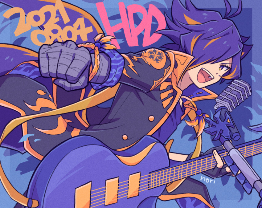 1boy :d antenna_hair artist_name bandaged_hand bandages black_coat black_gloves blue_background blue_border border bracelet chiyo_nori clenched_hand coat collared_coat dated electric_guitar fingerless_gloves from_side gloves guitar happy_birthday holding holding_guitar holding_instrument instrument jewelry looking_at_viewer male_focus microphone microphone_stand multicolored_eyes open_clothes open_coat open_mouth outside_border outstretched_arm purple_eyes purple_hair short_hair show_by_rock!! signature single_glove smile solo two-tone_eyes yasu_(show_by_rock!!)