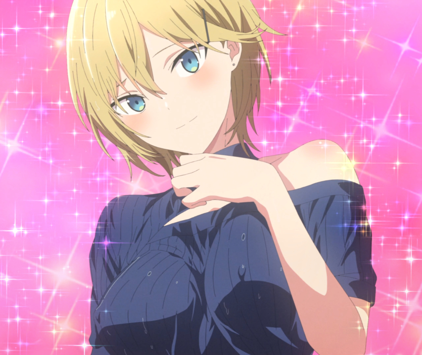 1girl anime_screenshot blonde_hair blue_eyes blue_shirt blush closed_mouth covered_erect_nipples evergreen_eri female_focus hair_ornament hairclip haite_kudasai_takamine-san highres looking_at_viewer no_bra pink_background portrait shirt short_hair single_bare_shoulder smile solo sparkle_background stitched third-party_edit