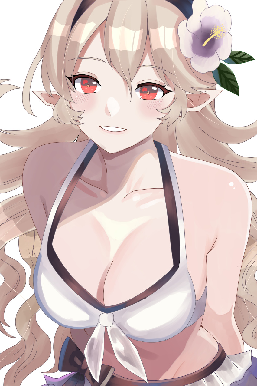 1girl absurdres bikini black_hairband blonde_hair blush breasts cleavage collarbone commentary_request female_corrin_(fire_emblem) female_corrin_(novice_vacationer)_(fire_emblem) fire_emblem fire_emblem_fates fire_emblem_heroes flower grin hair_flower hair_ornament hairband highres large_breasts long_hair n_54 nintendo official_alternate_costume pointy_ears red_eyes smile solo stomach swimsuit transparent_background white_bikini