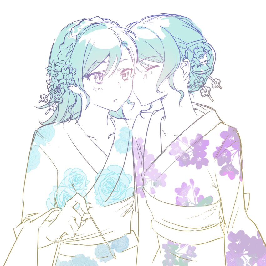 2girls aqua_hair bang_dream! blush braid closed_eyes commentary crown_braid duany floral_print floral_print_kimono hashtag-only_commentary highres hikawa_hina hikawa_sayo holding holding_fireworks incest japanese_clothes kimono kiss kissing_cheek long_hair multiple_girls open_mouth print_kimono short_hair siblings simple_background sisters twins white_background white_kimono yuri